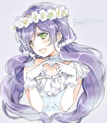 Rule 34 | 1girl, character name, dated, dress, flower wreath, gloves, green eyes, grey background, hair bobbles, hair ornament, happy birthday, head wreath, heart, heart hands, long hair, love live!, love live! school idol project, low twintails, nakayama miyuki, purple hair, simple background, solo, tojo nozomi, twintails, white gloves, yume no tobira