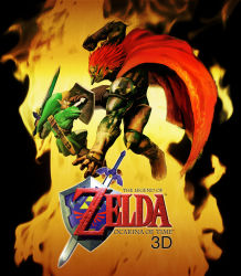 Rule 34 | 2boys, absurdres, battle, blonde hair, blue eyes, cape, clenched teeth, derivative work, earrings, ganondorf, hat, highres, holding, holding sword, holding weapon, hylian shield, jewelry, link, male focus, master sword, multiple boys, nintendo, official art, pointy ears, punching, red eyes, red hair, shield, sword, teeth, the legend of zelda, the legend of zelda: ocarina of time, weapon