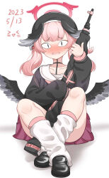 Rule 34 | 1girl, beret, black footwear, black hat, black shirt, blue archive, blush, chinese commentary, collarbone, commentary request, dated, feathered wings, full body, gun, halo, hat, head wings, highres, holding, holding gun, holding weapon, hoshitsuki higan, knees up, koharu (blue archive), long sleeves, loose socks, low wings, medium hair, nose blush, parted lips, pink hair, pink halo, pink skirt, pleated skirt, puffy long sleeves, puffy sleeves, sailor collar, shirt, shoes, simple background, sitting, skirt, sleeves past fingers, sleeves past wrists, snail, socks, solo, twintails, wavy mouth, weapon, white background, white sailor collar, white socks, wings