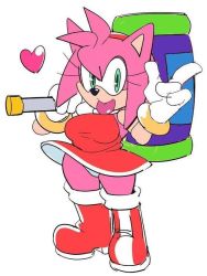 Rule 34 | 1girl, amy rose, animal ears, boots, breasts, cat ears, dress, full body, furry, furry female, gloves, green eyes, heart, open mouth, pink hair, red dress, red footwear, smile, solo, sonic (series), watatanza, weapon