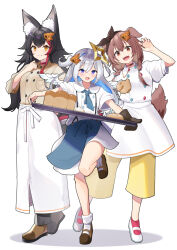 Rule 34 | 3girls, amane kanata, angel, angel wings, animal ear fluff, animal ears, apron, baking sheet, black hair, blue hair, boots, braid, bread, breasts, brown eyes, brown hair, chef, chocolate cornet, collar, collared shirt, colored inner hair, dog ears, dog girl, dog tail, fang, feathered wings, food, full body, grey hair, hair between eyes, hair ornament, hairclip, halo, highres, holding, hololive, inugami korone, loaf of bread, long hair, long sleeves, looking at viewer, low twin braids, mary janes, multicolored hair, multiple girls, ookami mio, open mouth, oven mitts, pants, pastry, paw print, purple eyes, red hair, shirt, shoes, simple background, smile, socks, standing, star halo, streaked hair, tail, teeth, twin braids, upper teeth only, virtual youtuber, white background, white shirt, wings, wolf ears, wolf girl, yellow eyes, yuuzuki (re&#039;ef)