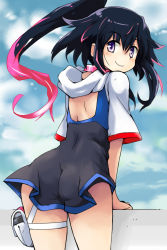 Rule 34 | ass, black dress, black hair, choker, day, digimon, digimon world -next 0rder-, dress, looking at viewer, looking back, multicolored clothes, multicolored hair, n36hoko, outdoors, ponytail, purple eyes, shiki (digimon world -next 0rder-), smile, solo, wedgie