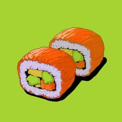 Rule 34 | food, food focus, green background, makizushi, minillustration, no humans, original, rice, shadow, simple background, sushi