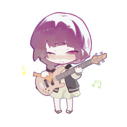 Rule 34 | 1girl, bachi, bass guitar, black bow, black jacket, blunt bangs, blush, bocchi the rock!, bow, braid, chibi, closed mouth, dress, full body, geta, green dress, hair bow, hair over shoulder, highres, hiroi kikuri, holding, holding instrument, huang ya cai rou si chao niangao, instrument, jacket, long sleeves, medium dress, multicolored clothes, multicolored jacket, musical note, one eye closed, open clothes, open jacket, plectrum, purple eyes, purple hair, simple background, single braid, solo, two-tone jacket, white background, white jacket