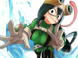 Rule 34 | 1girl, :&gt;, asui tsuyu, belt, blurry, blurry background, bodysuit, boku no hero academia, dark green hair, foreshortening, frog girl, gloves, goggles, goggles on head, green bodysuit, green eyes, hair rings, highres, long hair, long tongue, looking at viewer, low-tied long hair, outstretched arms, solo, splashing, tongue, water, white background, yoo tenchi