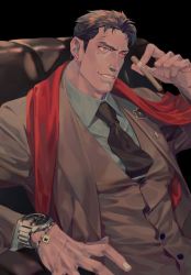Rule 34 | 1boy, cigar, coat, collared shirt, commentary request, formal, highres, holding, lapels, long sleeves, male focus, mature male, necktie, original, shirt, short hair, smile, solo, ueno kishi