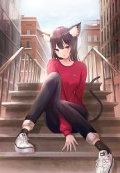Rule 34 | 1girl, animal ear fluff, animal ears, arm behind back, between legs, black hair, black pants, black socks, bosumonki, building, casual, cat ears, cat girl, cat tail, city, collarbone, commentary request, day, denim, full body, hand between legs, highres, jeans, knees up, long hair, long sleeves, looking at viewer, nail polish, original, pants, pink eyes, railing, red nails, red shirt, shirt, shoes, slit pupils, sneakers, socks, solo, stairs, tail, white footwear