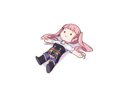 Rule 34 | 1girl, belt, belt buckle, boots, breasts, buckle, chibi, commentary, english commentary, fire emblem, fire emblem: three houses, full body, garreg mach monastery uniform, hilda valentine goneril, long hair, lying, nintendo, on back, pink hair, simple background, solid circle eyes, solo, thighhighs, twintails, white background, zedoraart