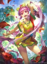 Rule 34 | 1girl, bow, bracelet, company name, copyright name, day, fire emblem, fire emblem: mystery of the emblem, fire emblem: new mystery of the emblem, fire emblem cipher, flower, hmk84, jewelry, long hair, necklace, nintendo, official art, open mouth, petals, phina (fire emblem), pink eyes, pink hair, ponytail, sky, solo, sparkle, tree, very long hair