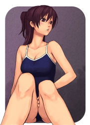 Rule 34 | 1girl, bad id, bad pixiv id, breasts, brown eyes, brown hair, cleavage, large breasts, long hair, one-piece swimsuit, open mouth, original, ponytail, school swimsuit, sitting, solo, swimsuit, yuuji (and)