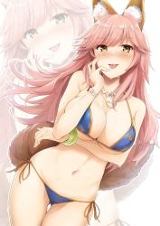 Rule 34 | 10s, 1girl, akita hika, animal ear fluff, animal ears, bad id, bad twitter id, bare shoulders, bikini, blue bikini, blush, bracelet, breast hold, breasts, cleavage, collarbone, commentary request, fate/extra, fate/grand order, fate (series), fox ears, fox tail, hand on own cheek, hand on own face, highres, hip focus, jewelry, large breasts, long hair, looking at viewer, navel, necklace, open mouth, pink hair, side-tie bikini bottom, sidelocks, simple background, smile, solo, swept bangs, swimsuit, tail, tamamo (fate), tamamo no mae (fate/extra), tamamo no mae (swimsuit lancer) (fate), thighs, tongue, tongue out, wet, white background, yellow eyes