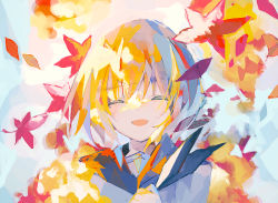 Rule 34 | 1girl, abstract background, autumn, autumn leaves, black neckerchief, black sailor collar, blonde hair, closed eyes, commentary, dated commentary, highres, irodori warabi, leaf, maple leaf, neckerchief, open mouth, original, sailor collar, shirt, short hair, solo, twitter username, upper body, white background, white shirt, wind