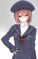 Rule 34 | &gt;:(, 10s, 1girl, absurdres, bespectacled, blush, brown eyes, brown hair, clothes writing, dress, frown, glasses, hand on own hip, hat, highres, kantai collection, long sleeves, looking at viewer, military, military hat, military uniform, nao (qqqbb), neckerchief, peaked cap, sailor collar, sailor dress, sailor hat, short hair, solo, uniform, upper body, v-shaped eyebrows, z3 max schultz (kancolle)