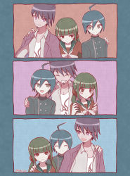 Rule 34 | 1girl, 2boys, :d, absurdres, ahoge, black sailor collar, blunt bangs, buttons, closed eyes, closed mouth, collarbone, danganronpa (series), danganronpa v3: killing harmony, double-breasted, facial hair, goatee, green hair, grin, hand on another&#039;s shoulder, harukawa maki, highres, jacket, jacket on shoulders, low twintails, momota kaito, multiple boys, open clothes, open mouth, open shirt, pink eyes, pink jacket, print shirt, red scrunchie, red shirt, saihara shuichi, sailor collar, scrunchie, shirt, short hair, smile, striped clothes, striped jacket, teeth, toyatopa, twintails, upper body, white shirt