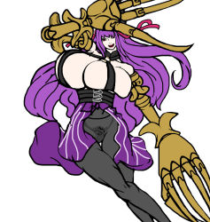 Rule 34 | 1girl, armor, bare shoulders, breasts, cleavage cutout, clothing cutout, convenient censoring, curvy, fate (series), female focus, gloves, highres, huge breasts, lace, long hair, looking at viewer, mature female, multicolored clothes, no bra, no shirt, pale skin, passionlip (fate), purple hair, see-through, sideboob, smile, solo, underboob