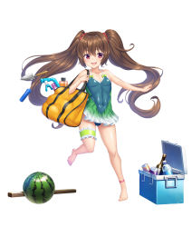 Rule 34 | 1boy, androgynous, bag, bare legs, bare shoulders, barefoot, beach, brown hair, bulge, covered navel, food, fruit, full body, girly boy, green one-piece swimsuit, highres, holding, holding bag, jumping, lilith-soft, long hair, long twintails, looking at viewer, obui, one-piece swimsuit, open mouth, petite, pink eyes, shiny skin, skirt, swimsuit, taimanin (series), taimanin asagi, taimanin rpgx, toes, trap, twintails, uehara shikanosuke, very long hair, watermelon