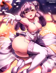 Rule 34 | 1girl, ass, bare shoulders, blush, breasts, cleavage, collarbone, crown, dress, drill hair, elbow gloves, flower, garter straps, gloves, hair flower, hair ornament, high heels, highres, jewelry, lace, lace-trimmed legwear, lace trim, large breasts, lingerie, long hair, magukappu, milestone celebration, necklace, open mouth, original, pendant, pink eyes, pink hair, princess white rose, purple hair, solo, strapless, strapless dress, thighhighs, underwear, white gloves, white thighhighs