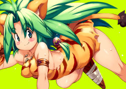 Rule 34 | 1girl, animal ears, animal hands, animal print, armlet, bare shoulders, big hair, blush, bone, boomerang, breasts, cham cham, claws, closed mouth, commentary request, fang, gloves, green background, green eyes, green hair, hair bobbles, hair ornament, hand up, jewelry, long hair, looking at viewer, medium breasts, necklace, orange gloves, paw gloves, print gloves, samurai spirits, shiny skin, simple background, sleeveless, smile, solo, sweat, tail, tiger ears, tiger girl, tiger print, tiger tail, torn clothes, yu 3
