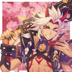 Rule 34 | 1boy, arataki itto, artist name, black choker, black coat, black nails, bodypaint, border, bracelet, cherry blossoms, chest harness, choker, club, club (weapon), coat, colored inner hair, commentary request, crop top, cup, earrings, facepaint, fangs, fingernails, genshin impact, grin, hands up, harness, highres, holding, holding club, holding cup, holding weapon, horns, jewelry, karanashi mari, long fingernails, long hair, looking at viewer, makeup, male focus, multicolored hair, multiple earrings, nail polish, o-ring, o-ring choker, one eye closed, oni horns, open clothes, open coat, outside border, parted bangs, pectorals, red eyes, red hair, red horns, rope, sakazuki, sharp fingernails, shimenawa, short sleeves, sidelocks, sleeveless, sleeveless coat, smile, solo, spiked bracelet, spiked club, spikes, studded choker, tassel, teeth, thick eyebrows, tree, twitter username, two-tone hair, upper body, vision (genshin impact), weapon, white border, white hair