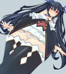 Rule 34 | 1girl, black hair, blush, boots, breasts, commentary request, detached sleeves, dura, from below, frown, hair between eyes, highres, long hair, looking at viewer, medium breasts, neptune (series), noire (neptunia), panties, panty pull, pulled by self, red eyes, simple background, skirt, solo, thigh boots, thighhighs, twintails, underwear, very long hair, white panties, white skirt