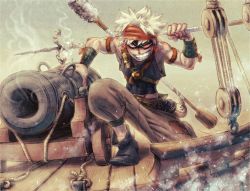 Rule 34 | 1boy, 1girl, alternate costume, bakugou katsuki, bandana, bare shoulders, belt, blonde hair, boku no hero academia, bracelet, cannon, day, holding, holding weapon, jewelry, muscular, muscular male, patch, pirate costume, polearm, pulley, red eyes, rope, sheath, ship, short hair, smile, source request, spear, spiked hair, stick, sword, syb, water, watercraft, weapon, wooden floor