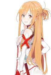 Rule 34 | 1girl, armor, asuna (sao), blonde hair, breastplate, from side, grin, half updo, hand on own hip, long hair, looking at viewer, looking back, nesume, parted lips, simple background, smile, solo, sword art online, teeth, upper body, white background, yellow eyes