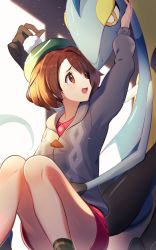 Rule 34 | 1girl, arm up, bad id, bad pixiv id, bob cut, brown eyes, brown hair, buttons, cardigan, collared dress, commentary request, creatures (company), dress, game freak, gen 8 pokemon, gloria (pokemon), green headwear, grey cardigan, hat, highres, hooded cardigan, inteleon, knees, knees together feet apart, legs together, light blush, looking up, nintendo, open mouth, pink dress, plaid, plaid legwear, pokemon, pokemon (creature), pokemon swsh, short hair, smile, socks, takom, tam o&#039; shanter, tearing up, tongue