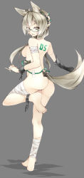 Rule 34 | 1girl, amai nekuta, animal ears, ass, bandages, braid, brown eyes, brown hair, chain, cuffs, cyborg, fake animal ears, fake tail, fang, glasses, grey background, hair censor, highres, long hair, looking at viewer, looking back, nude, open mouth, original, semi-rimless eyewear, shackles, simple background, solo, stitches, tail, twin braids, under-rim eyewear