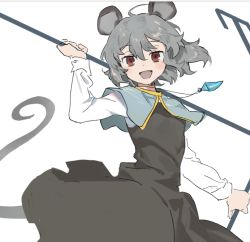 Rule 34 | 1girl, :d, animal ears, arm up, black dress, blue capelet, capelet, commentary request, dowsing rod, dress, dual wielding, grey hair, hair between eyes, holding, iovebly, long sleeves, looking at viewer, mouse ears, mouse girl, mouse tail, nazrin, open mouth, red eyes, shirt, simple background, smile, solo, tail, touhou, white background, white shirt