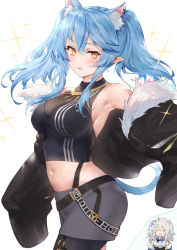 Rule 34 | 2girls, ahoge, animal ears, armpits, belt, black jacket, black pantyhose, black shirt, blue hair, blush, breasts, cleavage, closed eyes, commentary, cosplay, costume switch, cowboy shot, cropped shirt, fur-trimmed jacket, fur trim, grey shorts, hair between eyes, haoni, highres, hololive, inset, jacket, jewelry, kemonomimi mode, large breasts, light blue hair, lion ears, lion tail, long hair, looking at viewer, midriff, multicolored hair, multiple girls, navel, necklace, o-ring, o-ring legwear, o-ring thigh strap, open clothes, open jacket, open mouth, pantyhose, pointy ears, see-through, see-through cleavage, shirt, shishiro botan, shishiro botan (1st costume), shishiro botan (cosplay), short shorts, shorts, simple background, single thighhigh, sketch, sleeveless, sleeveless shirt, sleeves past fingers, sleeves past wrists, smile, sparkle, streaked hair, striped clothes, striped shirt, symbol-only commentary, tail, thigh strap, thighhighs, twintails, two-tone hair, vertical-striped clothes, vertical-striped shirt, virtual youtuber, white background, yellow eyes, yukihana lamy, yukihana lamy (cosplay)
