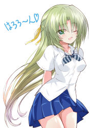 Rule 34 | 3105lave, ;d, arms behind back, blue skirt, blush, bow, bowtie, breasts, collarbone, collared shirt, commentary request, cowboy shot, dress shirt, green eyes, green hair, hair between eyes, hair bow, hair ribbon, highres, higurashi no naku koro ni, long hair, looking at viewer, medium breasts, miniskirt, one eye closed, open mouth, parted bangs, pleated skirt, ribbon, school uniform, shirt, short sleeves, simple background, skirt, smile, solo, sonozaki shion, standing, striped bow, striped bowtie, striped clothes, very long hair, white background, white shirt