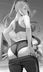 Rule 34 | 1girl, absurdres, ass, bare shoulders, blush, breasts, building, clothes pull, duplicate, gentsuki, greyscale, highres, large breasts, long hair, median furrow, monochrome, original, outdoors, pants, pants pull, ponytail, shorts, solo, sports bra, yoga pants