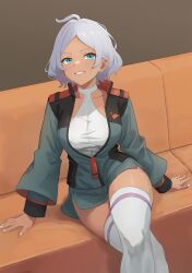 Rule 34 | 1girl, ahoge, aqua eyes, asticassia school uniform, breasts, commentary, couch, crossed legs, dark-skinned female, dark skin, green jacket, green shorts, grey hair, grin, gundam, gundam suisei no majo, herfstijl, highres, jacket, long sleeves, looking at viewer, medium breasts, nail polish, on couch, school uniform, secelia dote, short hair, short shorts, shorts, sitting, smile, solo, teeth, thighhighs, thighs, white nails, white thighhighs, zettai ryouiki