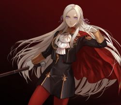 Rule 34 | 1girl, aiguillette, ashiwara yuu, black dress, black jacket, breasts, cape, closed mouth, commentary, cowboy shot, dress, edelgard von hresvelg, fire emblem, fire emblem: three houses, garreg mach monastery uniform, gloves, gradient background, hair ribbon, highres, holding, holding weapon, jacket, lips, long hair, looking at viewer, nintendo, pantyhose, parted bangs, purple eyes, red background, red cape, red pantyhose, ribbon, short dress, simple background, small breasts, solo, straight hair, very long hair, weapon, white gloves