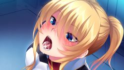 Rule 34 | 1girl, after fellatio, blonde hair, blue eyes, blush, cum, cum in mouth, cum on tongue, embarrassed, female focus, from above, game cg, huracan, indoors, kyonyuu onna shikan sennou saimin, lisa lindy, long hair, lune (company), open mouth, original, sitting, solo, tongue, twintails, uniform, upper body