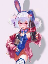 Rule 34 | 1girl, absurdres, azur lane, blue leotard, bottle, breasts, cleavage, coca-cola, highres, laffey (azur lane), laffey ii (azur lane), leotard, playboy bunny, small breasts