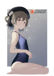 Rule 34 | 1girl, :d, bare arms, bare legs, bare shoulders, barefoot, beret, black hat, black ribbon, blue one-piece swimsuit, blush, brown eyes, brown hair, flower, hair between eyes, hair flower, hair ornament, hair rings, hat, hatoba tsugu, looking at viewer, looking to the side, mole, mole under eye, one-piece swimsuit, open mouth, ribbon, rose, saiste, sitting, smile, solo, swimsuit, virtual youtuber, wariza, white flower, white rose