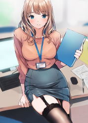 Rule 34 | 1girl, arm support, binder, black thighhighs, blonde hair, blue eyes, blue nails, blurry, blurry background, bra strap, bra visible through clothes, cowboy shot, crossed legs, desk, doushimasho, from above, garter straps, grey skirt, highres, id card, impossible clothes, keyboard (computer), lace, lace-trimmed legwear, lace trim, lanyard, long hair, looking at viewer, miniskirt, mole, mole on cheek, mole on thigh, mole under mouth, monitor, mouse (computer), nail polish, office lady, on desk, orange sweater, original, paper, parted lips, pen, pencil skirt, sitting, skindentation, skirt, solo, sweater, table, thighhighs, zettai ryouiki