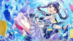 Rule 34 | 1girl, black hair, boots, commentary request, fangs, fukumaru koito, gloves, idolmaster, idolmaster shiny colors, long hair, looking at viewer, official art, open mouth, purple eyes, purple skirt, purple thighhighs, skin fangs, skirt, solo, splashing, swept bangs, thighhighs, twintails, water, white gloves