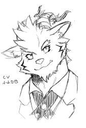 Rule 34 | 1boy, amesawa pane, animal ears, animal nose, closed mouth, collared shirt, commentary request, cross tie, facial hair, fire, fire, forked eyebrows, furry, furry male, goat boy, goat ears, goat horns, goatee, greyscale, hatching (texture), highres, horns, lapels, linear hatching, looking up, male focus, mephistopheles (housamo), monochrome, peaked lapels, portrait, shirt, short hair, simple background, sketch, smile, solo, thick eyebrows, tokyo houkago summoners, tusks, white background