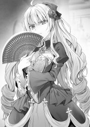 Rule 34 | 1girl, bcoca, dress, drill hair, greyscale, hand fan, monochrome, novel illustration, official art, puffy sleeves, tagme