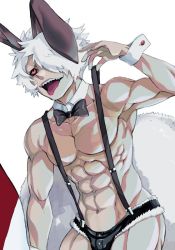Rule 34 | 1boy, abs, animal ears, black bow, black bowtie, black sclera, bow, bowtie, colored sclera, detached collar, fake animal ears, hair over one eye, hijirino yuuta, juuni taisen, male focus, male playboy bunny, messy hair, open mouth, rabbit ears, rabbit tail, red eyes, sharp teeth, short hair, short shorts, shorts, simple background, smile, solo, suspender shorts, suspenders, suspenders pull, tail, teeth, toned, toned male, tongue, tongue out, usagi (juuni taisen), white background, white hair