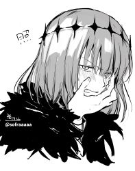 Rule 34 | 1boy, absurdres, blush, fang, fate/grand order, fate (series), fur trim, greyscale, hair over one eye, hand up, highres, looking at viewer, male focus, monochrome, oberon (fate), oberon (third ascension) (fate), open mouth, signature, simple background, sofra, solo, spoilers, translation request, twitter username, v-shaped eyebrows, white background