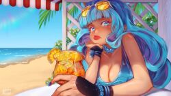 Rule 34 | 1girl, beach, bead necklace, beads, bikini, blue bikini, blue hair, blue nails, blush, breasts, bush, cleavage, collarbone, commentary, cup, english commentary, eyewear on head, food, fruit, hair behind ear, hand on own chin, highres, holding, holding cup, jewelry, lemon, lemon slice, long hair, looking at viewer, medium breasts, necklace, ocean, original, palm tree, red lips, solo, sunglasses, swimsuit, thick lips, tree, wiki (juicykiwi)