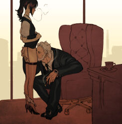 Rule 34 | 1boy, 1girl, age difference, ass, ass grab, beard, black dress, black footwear, black jacket, black necktie, black pants, black suit, brown thighhighs, chair, chloe (saagelius), cigar, clothes lift, collared shirt, commentary, cunnilingus, cup, dress, dress lift, english commentary, facial hair, formal, from side, garter straps, grey hair, heavy breathing, hetero, high heels, holding, indoors, jacket, jean (saagelius), long sleeves, necktie, no panties, old, old man, older man and younger girl, oral, original, panties, pants, panty pull, ponytail, saagelius, shirt, shoes, short hair, short sleeves, spoon, suit, sweat, teacup, thighhighs, underwear, watch, window, wristwatch
