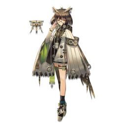 Rule 34 | 1girl, adjusting eyewear, animal ears, arknights, armband, brown hair, cloak, closed mouth, drone, feather hair, full body, glasses, hair between eyes, hand up, long sleeves, looking at viewer, norizc, official art, round eyewear, short hair, silence (arknights), single thighhigh, solo, standing, test tube, thigh strap, thighhighs, transparent background, wide sleeves, yellow eyes