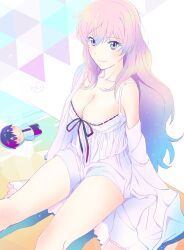 Rule 34 | 1girl, arms at sides, bare shoulders, blue eyes, blue hair, blue nails, breasts, camisole, character doll, cleavage, collarbone, detached sleeves, fuufu ijou koibito miman., gradient hair, highres, large breasts, long hair, long sleeves, looking at viewer, multicolored hair, nori (norimakigumo), pink hair, ribbon trim, sitting, solo, spaghetti strap, thighs, watanabe akari, white camisole, white sleeves, wide sleeves, yakuin jirou