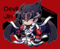 Rule 34 | 1boy, arm at side, bandages, black wings, chain, character name, claws, closed mouth, devil jin, facial mark, forehead jewel, full body, glint, gloves, grey horns, horns, kazama jin, kotorai, looking to the side, male focus, no nose, red background, red gloves, short hair, signature, studded gloves, tekken, thick eyebrows, v-shaped eyebrows, wings, yellow eyes