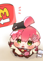 Rule 34 | 1girl, 35p (sakura miko), absurdres, ahoge, angry, baby, beret, black headwear, commentary, flower, frilled skirt, frills, frown, green eyes, hair between eyes, hair flower, hair ornament, hat, highres, hololive, huge ahoge, long hair, mcdonald&#039;s, official alternate costume, open mouth, pink hair, plaid, plaid scarf, plaid skirt, red scarf, red skirt, sakura miko, sakura miko (casual), scarf, skirt, snxa8737, translation request, virtual youtuber