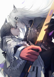 Rule 34 | 2girls, absurdres, animal ear fluff, animal ears, arknights, arm around back, black coat, black gloves, black hair, blue eyes, breasts, buttons, coat, commentary, cowboy shot, english commentary, formal, fur-trimmed coat, fur trim, gloves, grey background, grimace, highres, holding, holding sword, holding weapon, lappland (arknights), lappland (refined horrormare) (arknights), light particles, long hair, long sleeves, medium breasts, multiple girls, official alternate costume, open clothes, open coat, red eyes, red gloves, scar, scar across eye, scar on face, senkane, sharp teeth, simple background, smirk, sword, teeth, texas (arknights), texas (winter messenger) (arknights), weapon, white coat, white hair, wolf ears